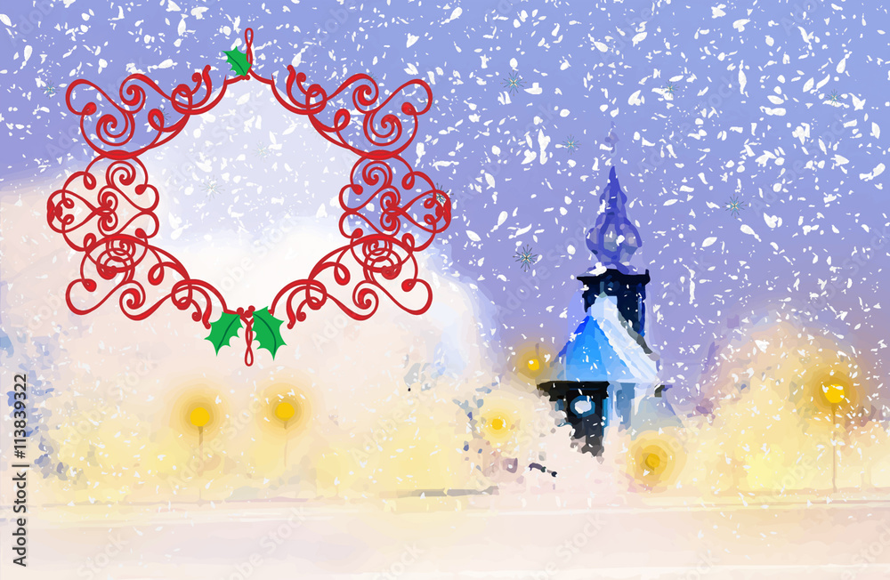 Winter evening church in the snow, with blank text box Winter evening church in the snow, with blank text box