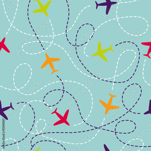 Seamless pattern with airplanes. Vector background with colorful planes. Travel around the world concept. Illustration can be used for wallpaper, backgrounds, web page design, kids textile. 