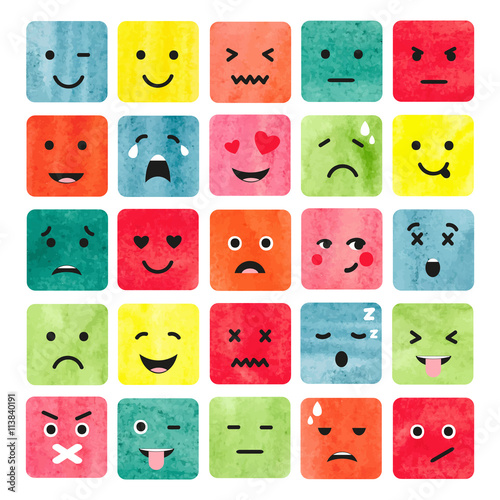 Watercolor colorful emoticons set. Collection of emoji. Vector illustration. 