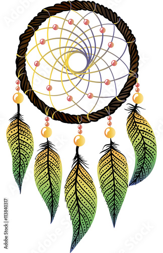 Hand-drawn native american dream catcher with osier, yellow-green feathers and  yellow and pink beads on a white background. Ethnic illustration, tribal