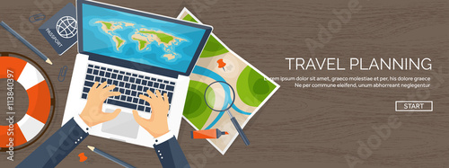 Travel and tourism. Flat style. World, earth map. Globe. Trip, tour, journey, summer holidays. Travelling,exploring worldwide. Adventure,expedition. Table, workplace. Traveler. Navigation or route