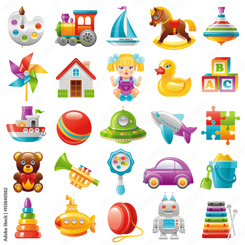 Baby toys icon set, palette, train, yaht, horse, whirligig, mill, toy house, dall, duck, baby block, boat, UFO, plane, puzzle, teddy bear, trumpet, car, pyramid, submarine, robot, xylophone