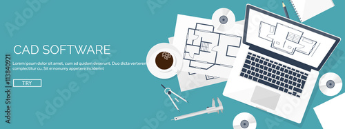 Vector illustration. Engineering and architecture. Notebook, software. Drawing, construction.  Architectural project. Design, sketching. Workspace with tools. Planning, building. 