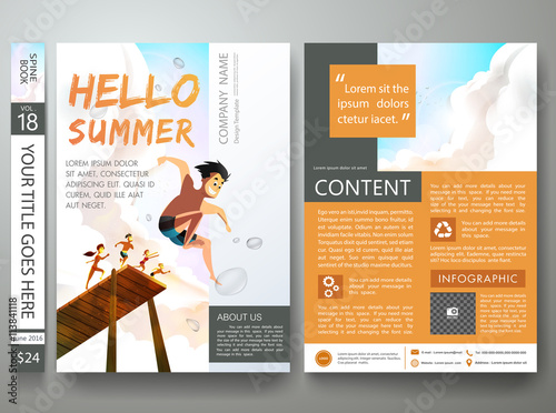 Brochure design template vector.Business flyers report magazine poster template.Cover book portfolio summer sea presentation orange blue sky design.Layout design in a4 brochure poster size background.