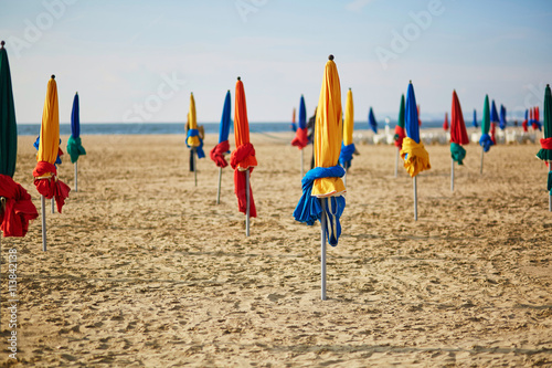 The famous colorful parasols on Deauville Beach, Normandy