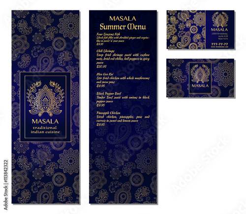 Vector illustration of a menu card template design for a restaurant or cafe Indian oriental cuisine. Asian, Arab and Lebanese cuisine. Business cards and vouchers. Logo - traditional indian flower.