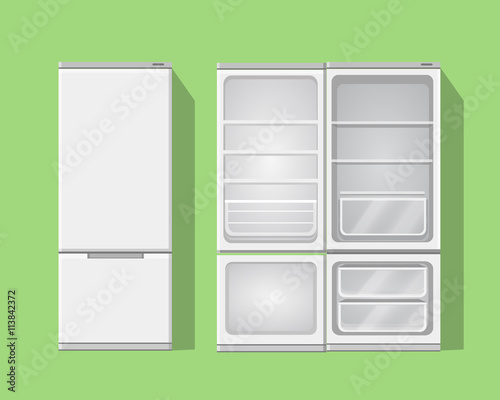 Illustration grey opened and closed empty refrigerator.Vector fridge icon
