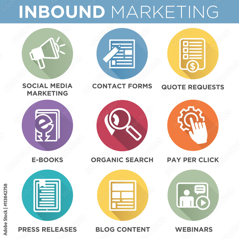 Circle Outline Inbound Marketing Vector Icons with organic search, ppc, blog content, press release, social media marketing, contact form, ebook, video, webinar, and quote request Circle Outline Inbound Marketing Vector Icons with organic search, ppc, blog content, press release, social media marketing, contact form, ebook, video, webinar, and quote request