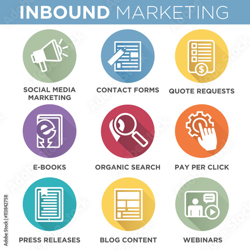 Circle Outline Inbound Marketing Vector Icons with organic search, ppc, blog content, press release, social media marketing, contact form, ebook, video, webinar, and quote request 