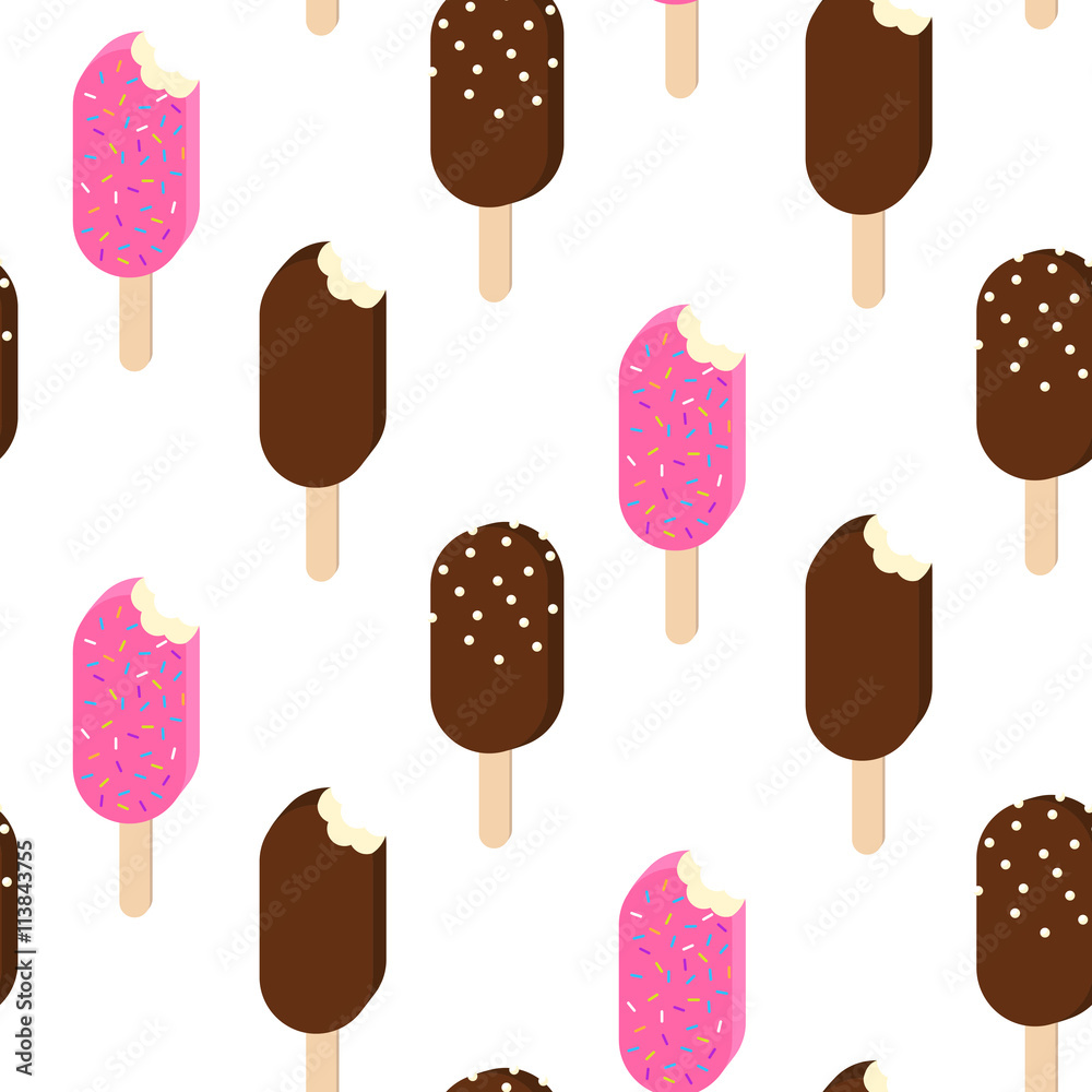 Ice cream vector seamless pattern. Summer ice dessert collection. Eskimo chocolate and pink ice-cream background for wrap and textile. Ice cream vector seamless pattern. Summer ice dessert collection. Eskimo chocolate and pink ice-cream background for wrap and textile.