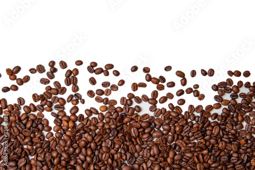 Roasted Coffee Beans background texture isolated on white background with copy space for text. top view