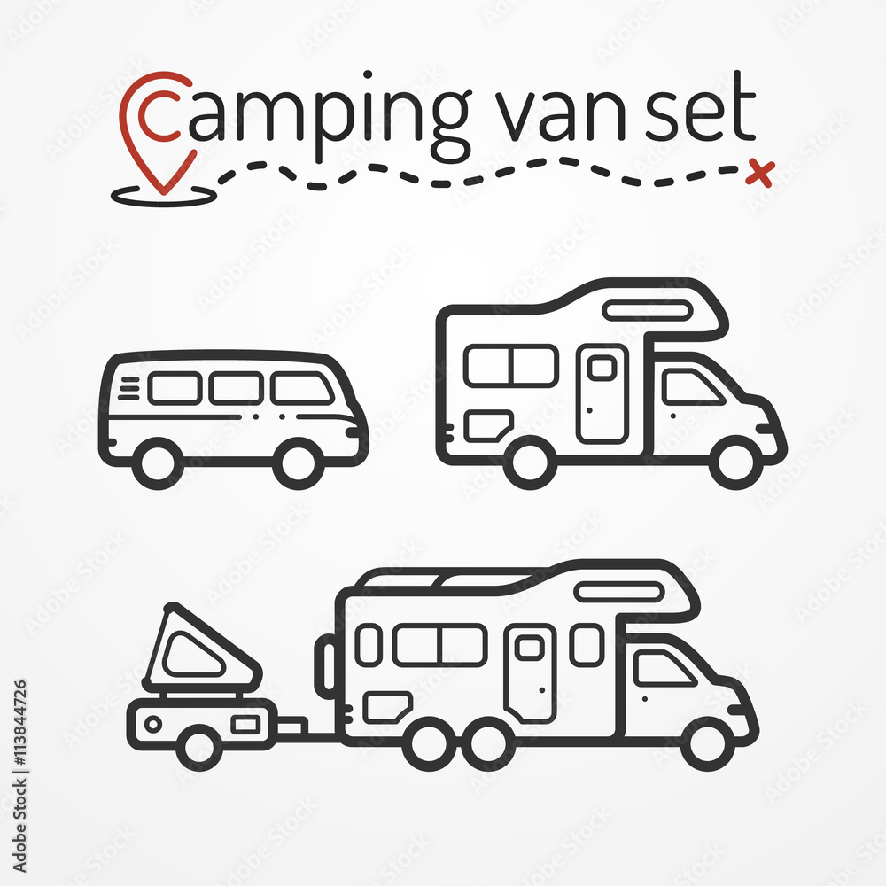 Set of camping van icons. Travel van symbols in silhouette line style. Camping vans vector stock illustration. Vans and RVs with camping equipment.