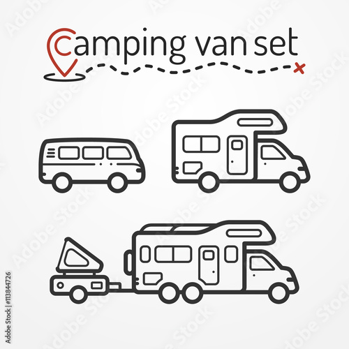 Set of camping van icons. Travel van symbols in silhouette line style. Camping vans vector stock illustration. Vans and RVs with camping equipment.