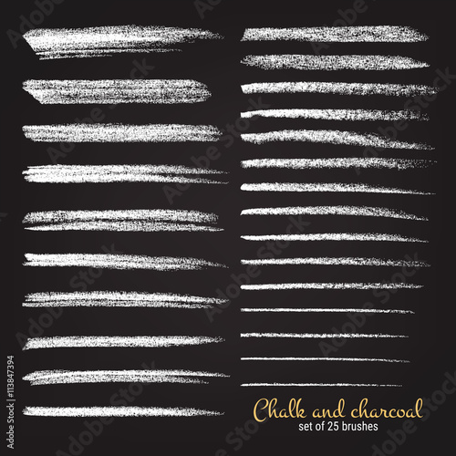 Set of vector grunge brushes different thickness and stiffness, brushstroke created with chalk and charcoal. 
A high resolution. Saved in the brushes palette
