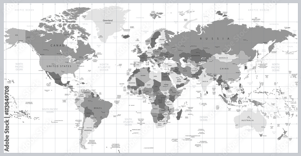 Fototapeta Skala odcieni szarości Światowa mapa szczegółowa wektorowa ilustracja