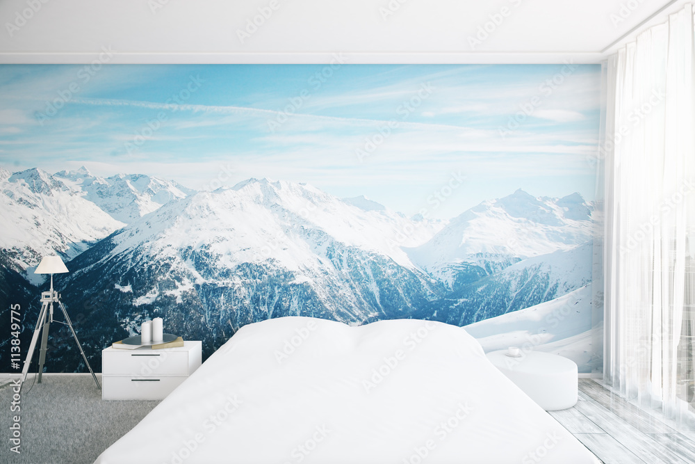 Bedroom interior with landscape wallpaper - obrazy, fototapety, plakaty 
