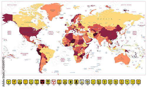 Fototapeta Naklejka Na Ścianę i Meble -  World map and nuclear power technology 3D map pointers