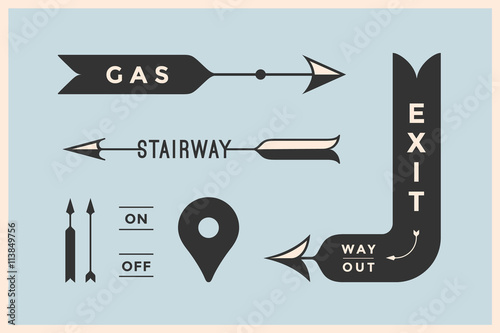 Set of vintage arrows and banners with inscription Exit, Way Out, Gas, Stairway. Design elements in retro style arrow signs on color background. Vector Illustration