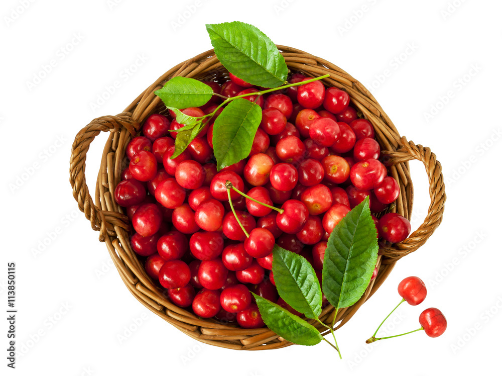 ripe berries of sweet cherry in a basket on white background, top view ripe berries of sweet cherry in a basket on white background, top view