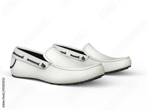 фотографія Pair of white loafers with black stitching - closeup shot - isolated on white ba