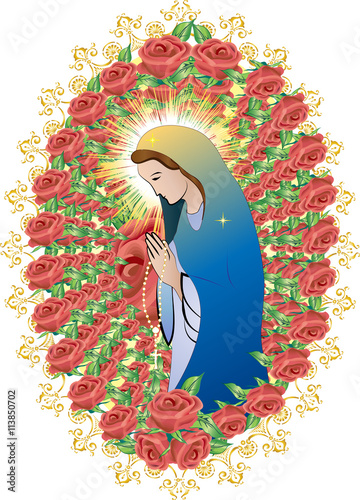 Blessed Virgin Mary in a frame of red roses, simple abstract color vector illustration