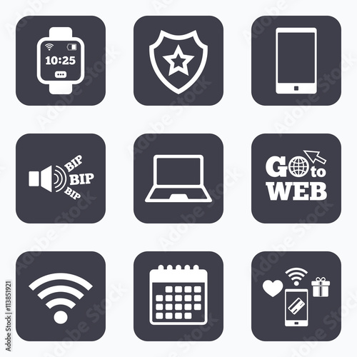 Notebook and smartphone icon. Smart watch symbol