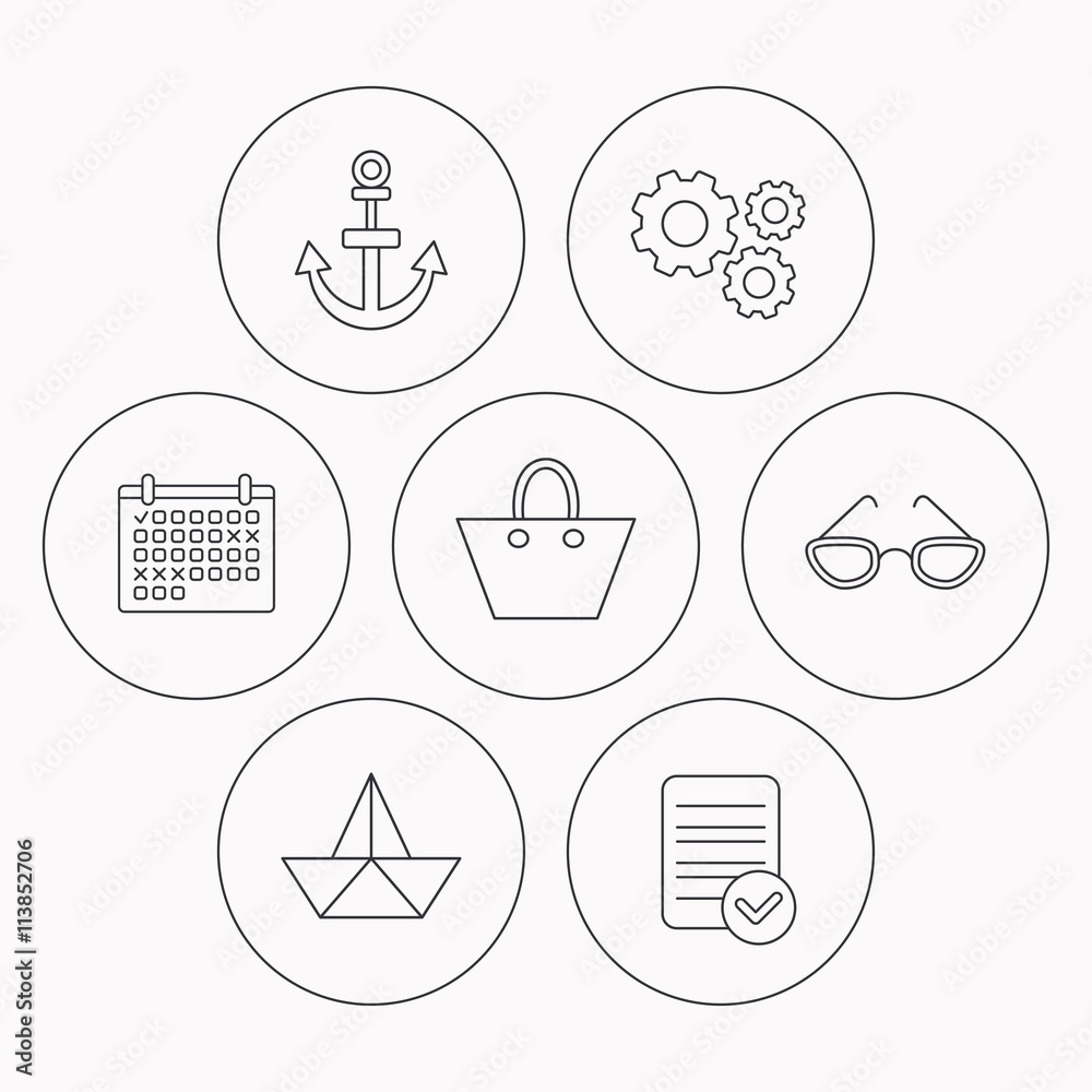 Paper boat, anchor and glasses icons. Paper boat, anchor and glasses icons.