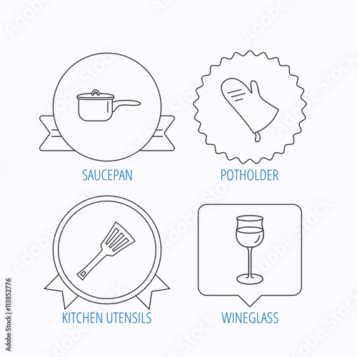 Saucepan, potholder and wineglass icons.