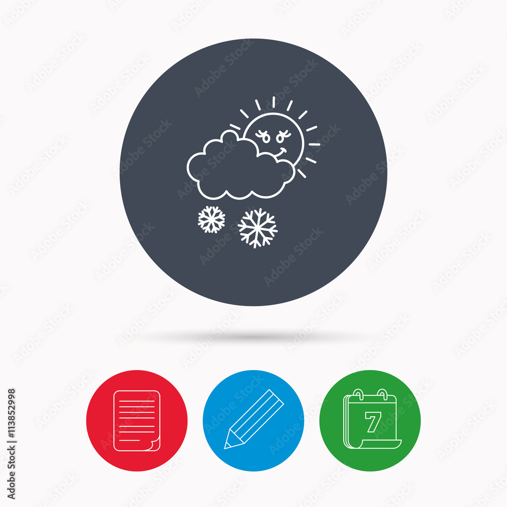 Snow with sun icon. Snowflakes and cloud sign. Snow with sun icon. Snowflakes and cloud sign.