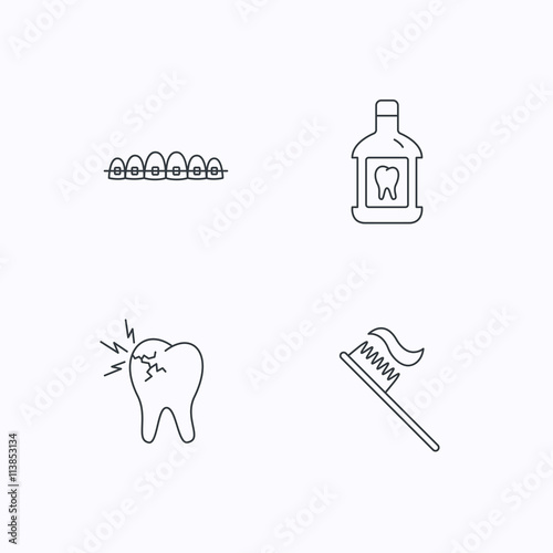 Toothache, dental braces and mouthwash icons.