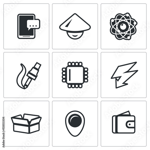 Vector Set of Electronic Industry Icons. Smartphone, Asian, Nucleu and electron, Manufacture, Processor, Charge, Pack, Place, Sale.