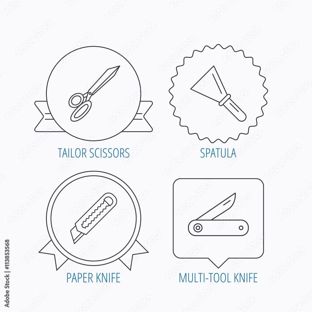 Paper knife, spatula and scissors icons. Paper knife, spatula and scissors icons.