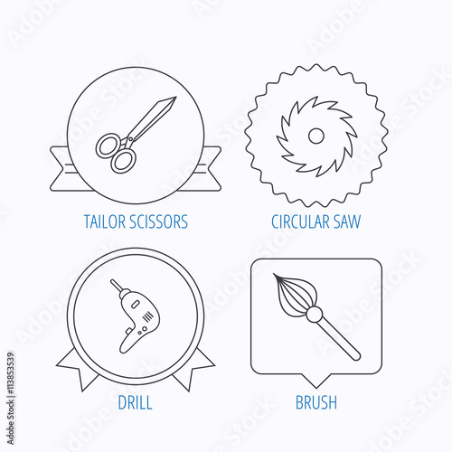 Scissors, drill and repair tools icons.