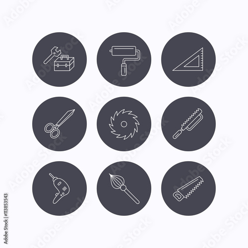 Scissors, paint roller and repair tools icons.