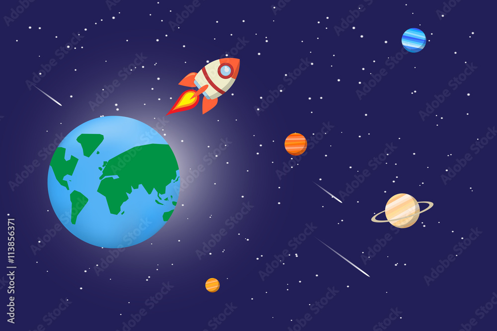 space background with Planets, rockets, stars, spaceship and com