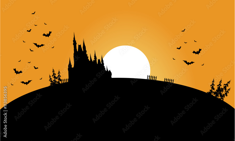 Obraz premium Silhouette of castle and bat halloween