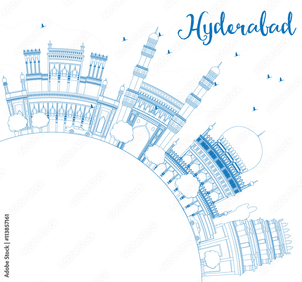 Outline Hyderabad Skyline with Blue Landmarks and Copy Space.