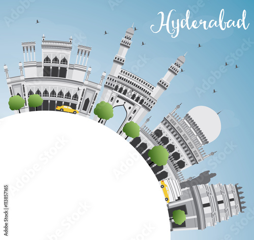 Hyderabad Skyline with Gray Landmarks, Blue Sky and Copy Space.
