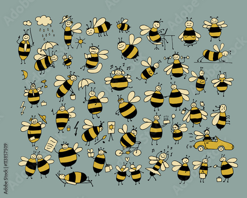 Funny bee collection, sketch for your design