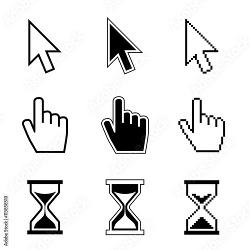 Pixel cursor pointer, hand, arrow, hourglass, click, press vector icons. Cursor symbol, hand arrow cursor icon of set illustration