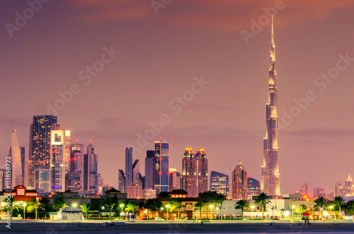 Print op canvas Dubai, United Arab Emirates: Downtown in the sunset