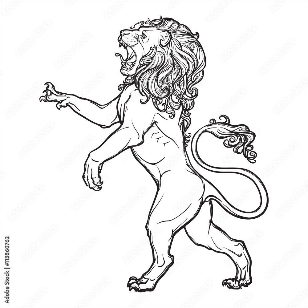 Sketch drawing of rearing lion isolated on white background.