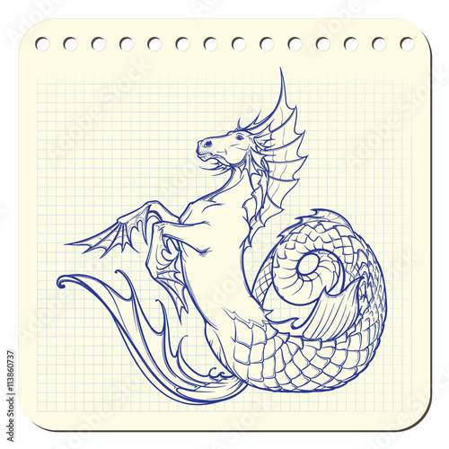 hippocampus or kelpie supernatural water beast. Notepad sketch. photo