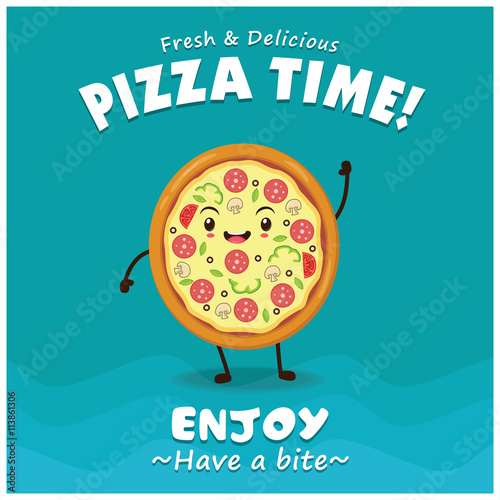 Vintage Pizza poster design with vector pizza character. 