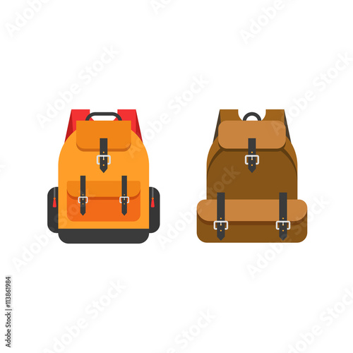 Backpacks vector illustration isolated on white background, flat color school orange backpack and mountain brown backpack