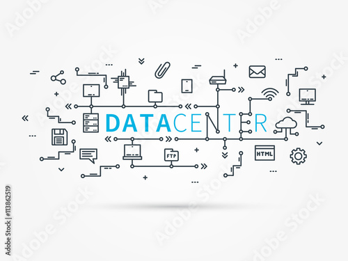 Hosting infrastructure connecting with server system. Analysis infrastructure for server room with devices. Data center system for hosting technology and network infrastructure. Vector linear concept.