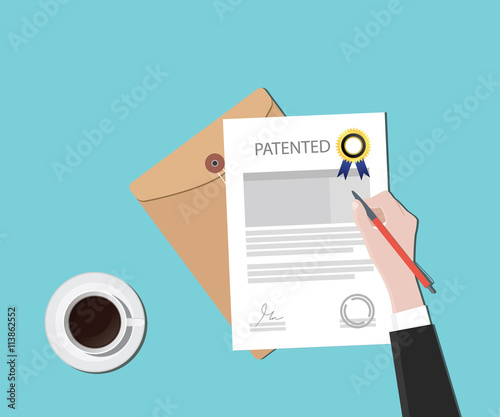 patented patent document with badge and stamp vector graphic