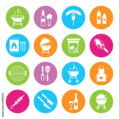 stock vector barbecue restaurant party family dinner summer picnic food symbols icon flat design template illustration