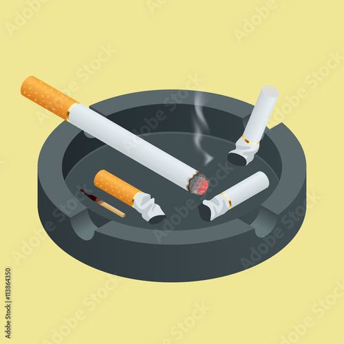 Black ceramic ashtray full of smokes cigarettes. Flat 3d vector isometric illustration.