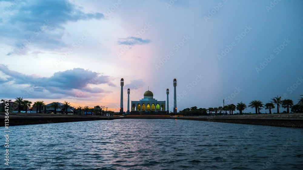 Mosque and storm cloud in rainny day, Dramatic tone style